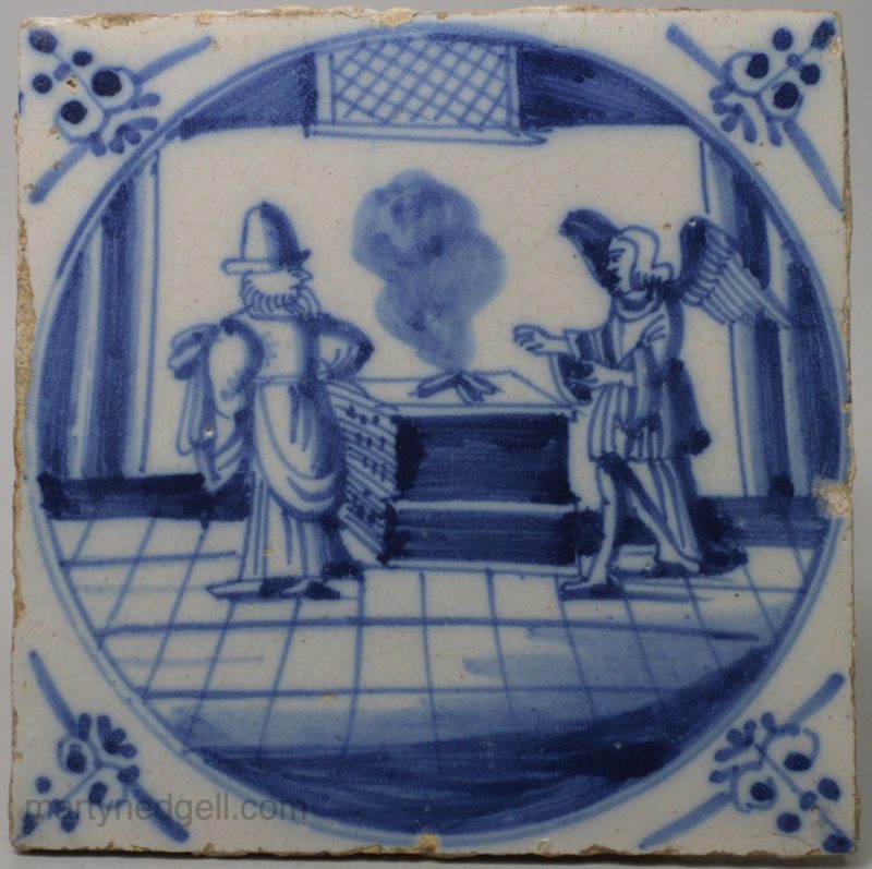 Dutch biblical Delft tile of an angel appearing to Zechariah, circa 1750