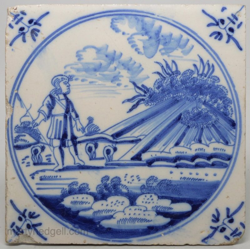 Dutch biblical Delft tile of Moses and the burning bush, circa 1750