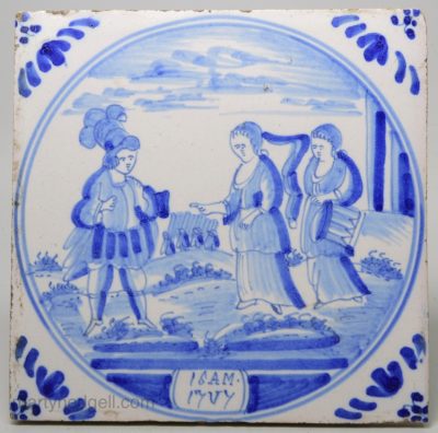 Dutch biblical Delft tile of Goliath before the Israelites, circa 1750