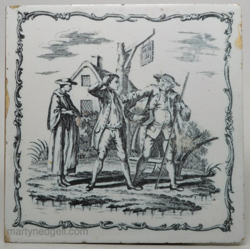 Liverpool delft tile decorated with a Sadler print of a lad being apprehended outside the Three Horseshoe pub, circa 1760