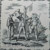 Liverpool delft tile decorated with a Sadler print of a lad being apprehended outside the Three Horseshoe pub, circa 1760