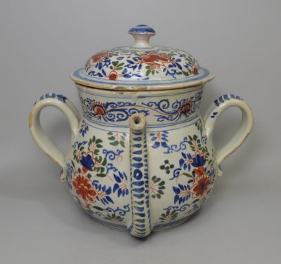 Bristol delft blue, red and green posset pot, circa 1720