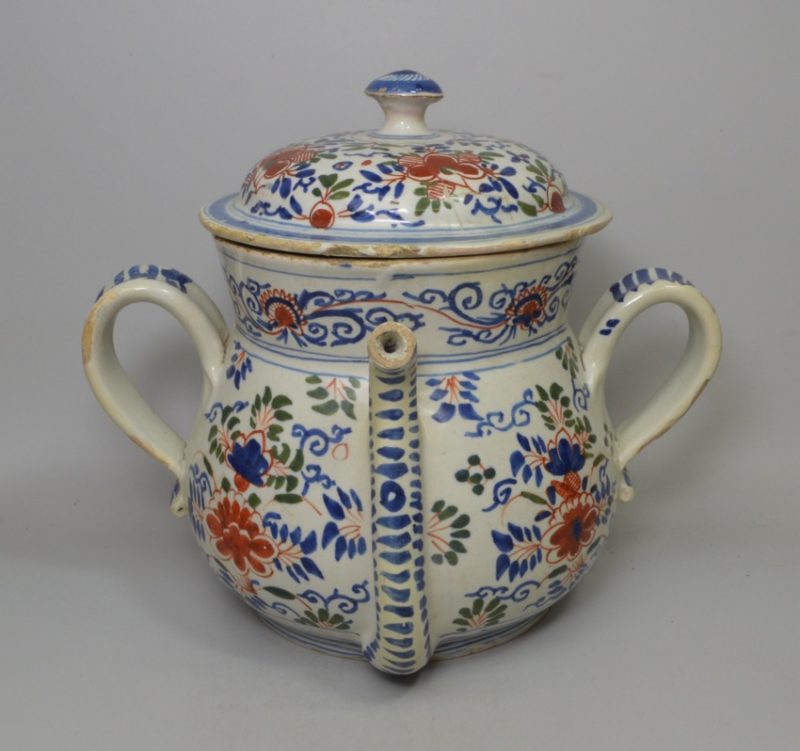 Bristol delft blue, red and green posset pot, circa 1720