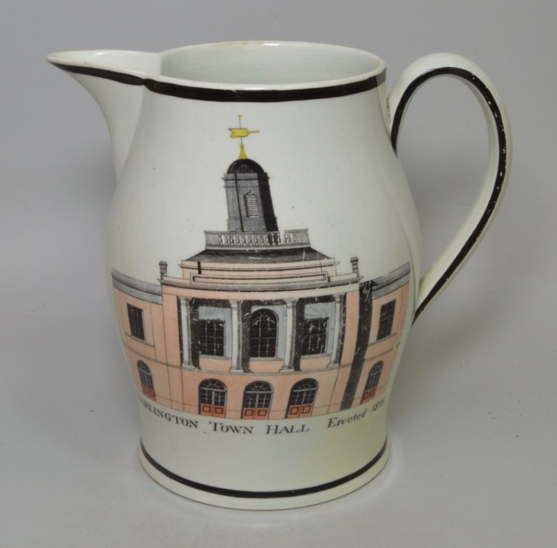 Pearlware pottery jug printed with 'DARLINGTON TOWN HALL Erected 1808', circa 1810