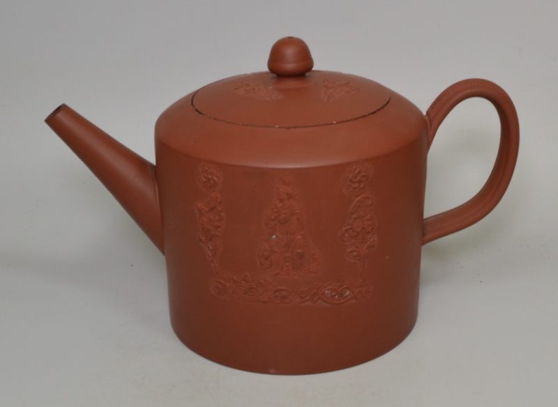 Staffordshire red stoneware pottery teapot with sprigs of