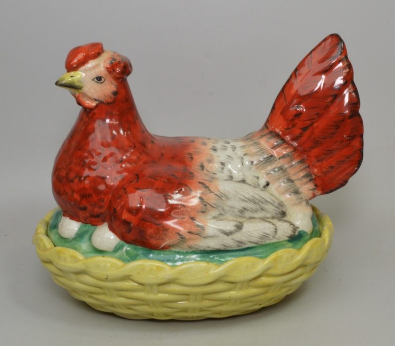 Staffordshire pottery hen on nest, egg keep, circa 1870