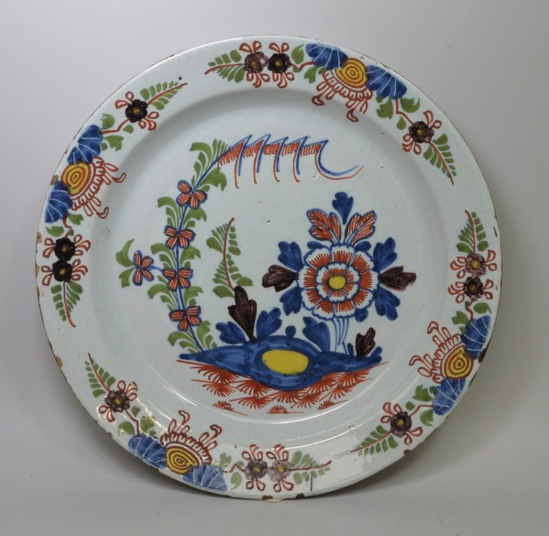Large London delft polychrome plate, circa 1750