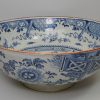 Large diameter Liverpool delft bowl decorated in blue with a bird on a fence, circa 1750