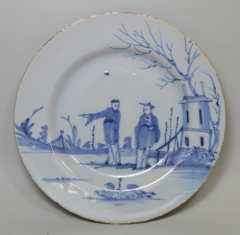 Liverpool delft plate decorated in blue with Chinese figures, circa 1740