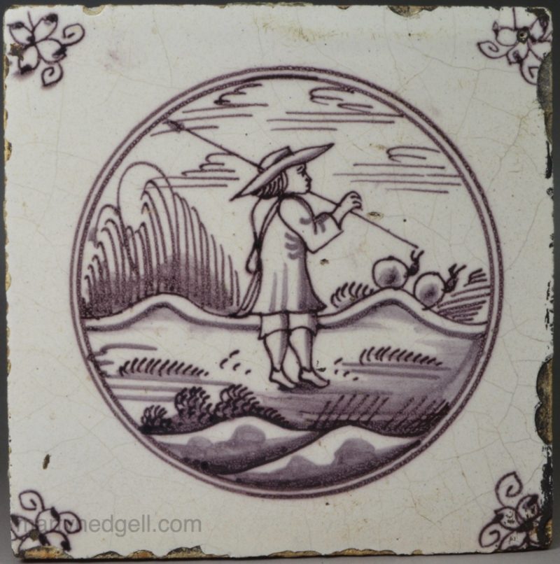 Dutch Delft tile painted in manganese with a shepherd, circa 1750