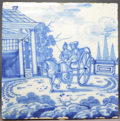 London delft tile decorated with a couple in a tarp, circa 1730