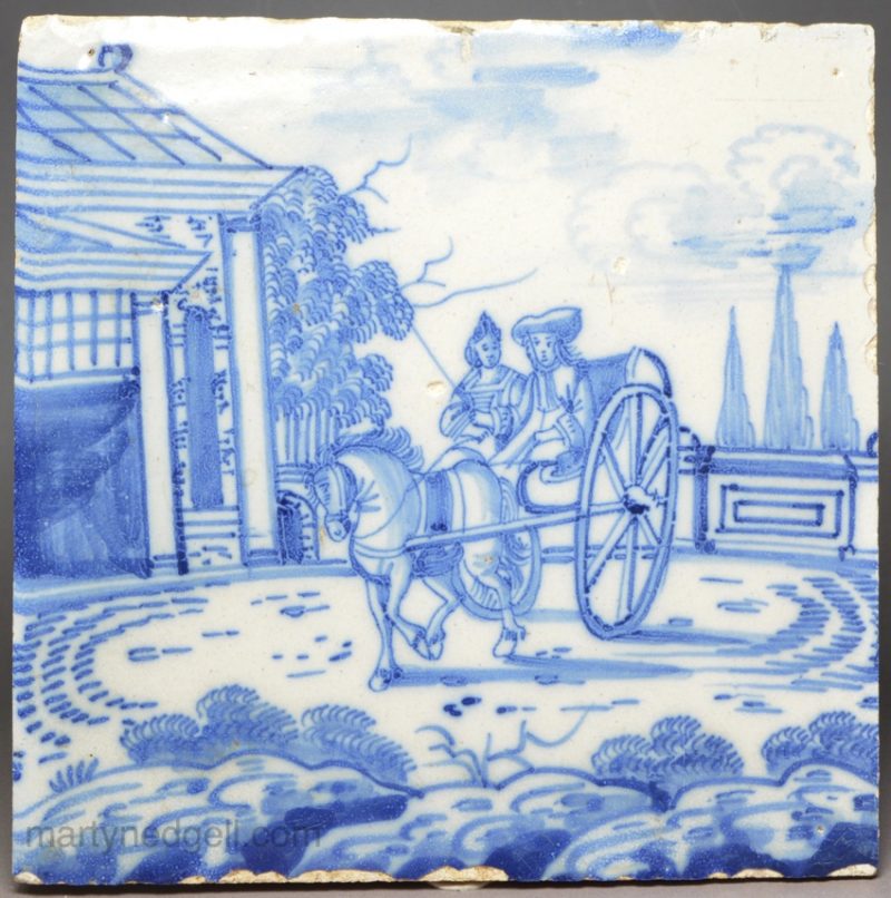 London delft tile decorated with a couple in a tarp, circa 1730
