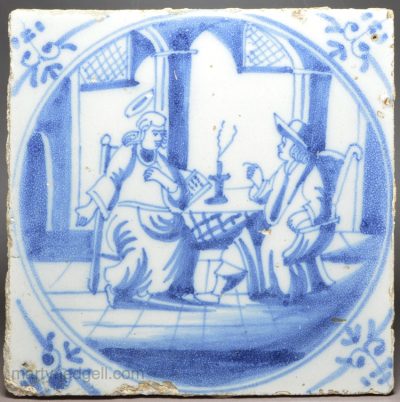 Dutch Delft biblical tile of Jesus and Nicodemus, circa 1750