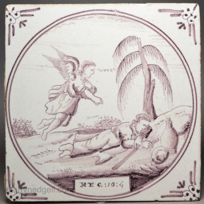 Dutch Delft biblical tile of an angel looking over Jacob dreaming, circa 1750