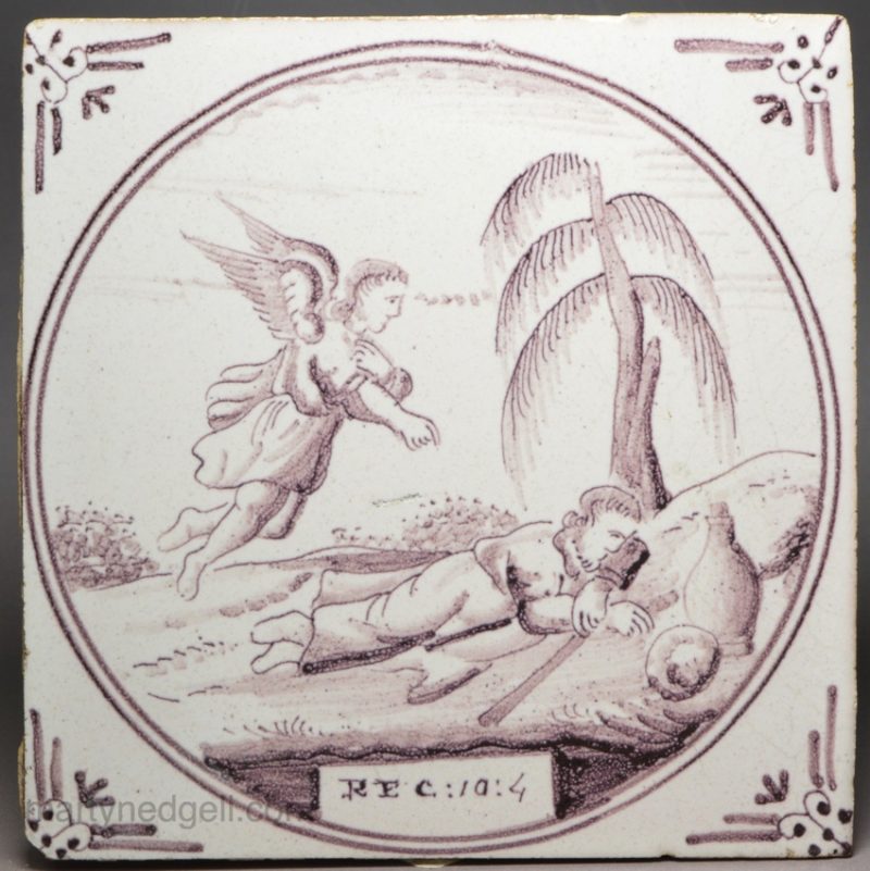 Dutch Delft biblical tile of an angel looking over Jacob dreaming, circa 1750