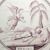 Dutch Delft biblical tile of an angel looking over Jacob dreaming, circa 1750