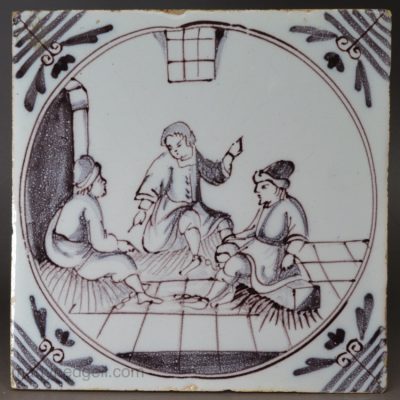 Bristol delft biblical tile of Joseph interpreting the butler and bakers dreams, circa 1760