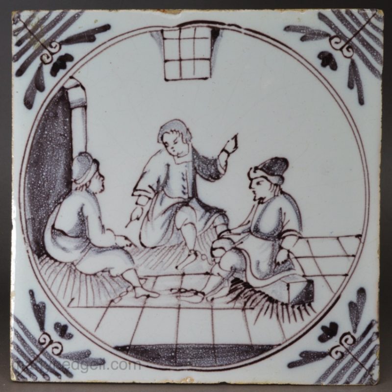 Bristol delft biblical tile of Joseph interpreting the butler and bakers dreams, circa 1760