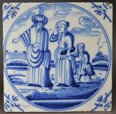 Dutch Delft biblical tile of Abraham casts out Bondwoman, circa 1750