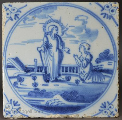 Dutch Delft biblical tile of Jesus appears to Mary, circa 1750