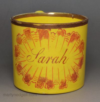 Canary yellow child's mug 'Sarah', circa 1820