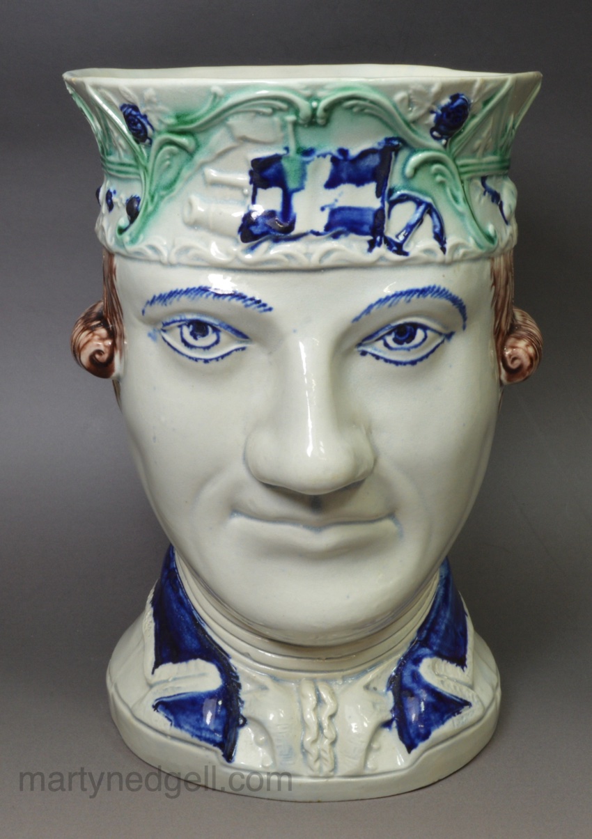 Large pearlware pottery Admiral Lord Rodney mug with underglaze decoration, circa 1795