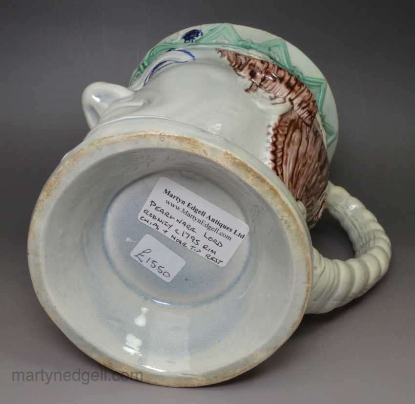 Large pearlware pottery Admiral Lord Rodney mug with underglaze decoration, circa 1795