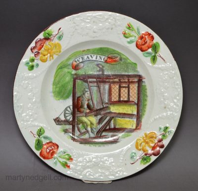 Pearlware pottery child's plate 'WEAVING', circa 1820 probably Welsh pottery