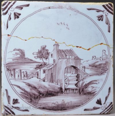 London delft tile decorated with a water mill, circa 1750