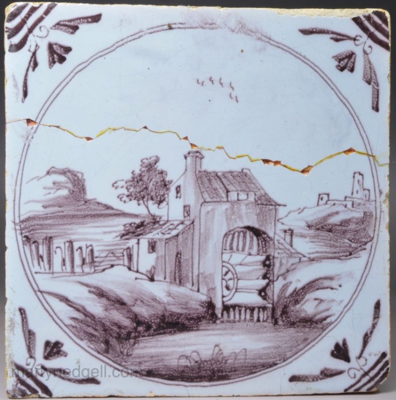 London delft tile decorated with a water mill, circa 1750