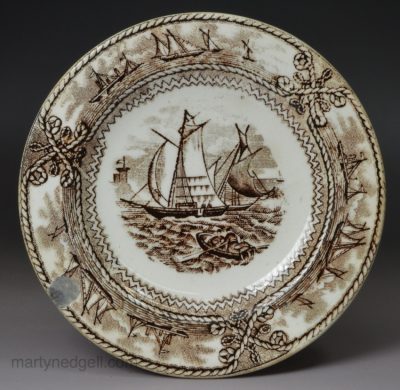 Pearlware pottery cup plate decorated with a transfer print of 'American Marine', circa 1836