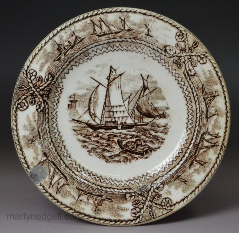 Pearlware pottery cup plate decorated with a transfer print of 'American Marine', circa 1836
