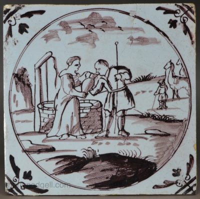 London delft biblical tile, Jacob and Rebecca at the well, circa 1760
