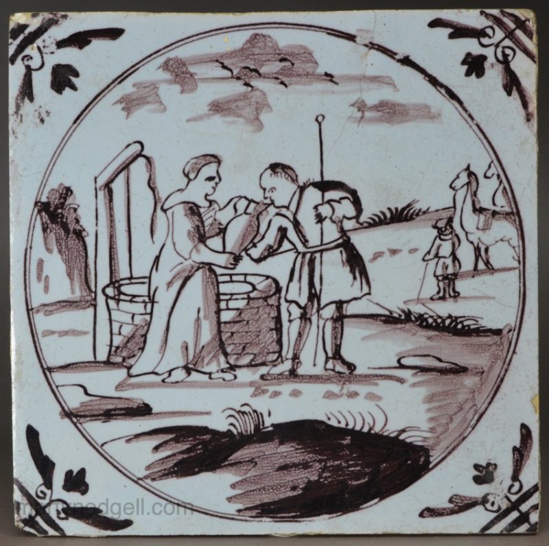 London delft biblical tile, Jacob and Rebecca at the well, circa 1760