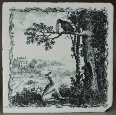 Liverpool delft tile decorated with a Sadler Aesop's Fable tile 'The Fox and the Crow', circa 1770
