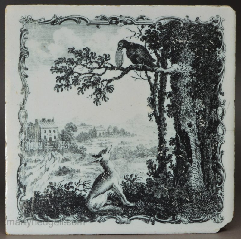 Liverpool delft tile decorated with a Sadler Aesop's Fable tile 'The Fox and the Crow', circa 1770