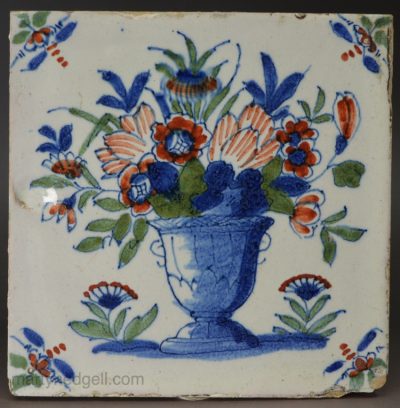London Delft blue, red and green floral tile, circa 1730