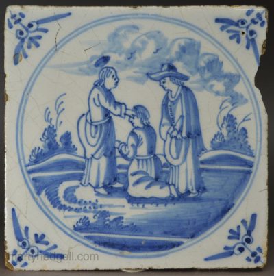 Dutch Delft biblical tile 'Jesus heals a woman with an issue of blood', circa 1750