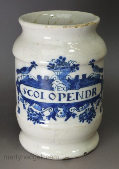 Dutch Delft drug jar 'Ex SCOL OPENDR', circa 1740