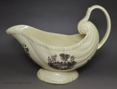Creamware pottery sauce boat decorated with bucolic prints, circa 1780, possably Wedgwood