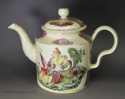 Creamware pottery teapot printed with 'Captain James Cook directed by Britannia', circa 1776, Greatbatch Pottery