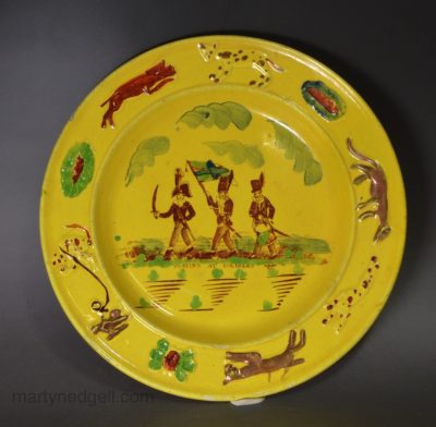 Canary Yellow child's plate 'PLAYING AT SOLDIERS', circa 1820