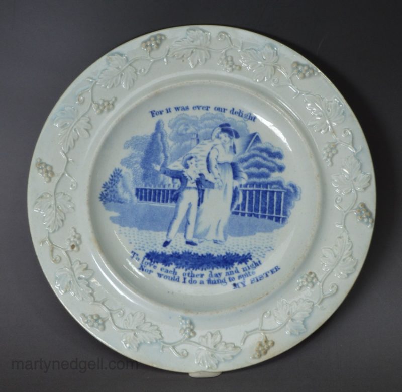 Pearlware pottery child's plate 'MY SISTER', circa 1820