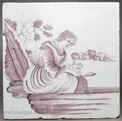 Liverpool Delft tile print by Nicolaes Berchem 'The Signing Shepherdess', circa 1760