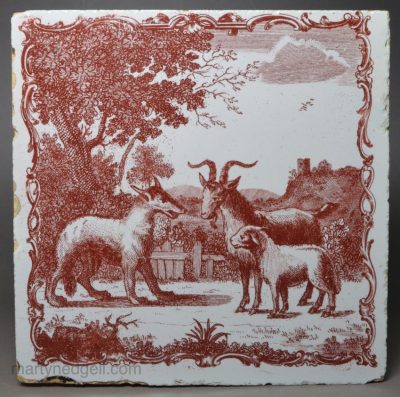 Liverpool delft Sadler printed tile ‘The Lamb brought up by a Goat’, circa 1770