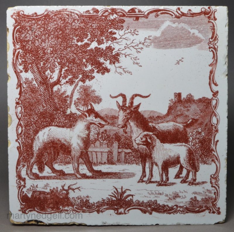 Liverpool delft Sadler printed tile ‘The Lamb brought up by a Goat’, circa 1770