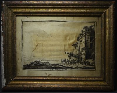 Monochrome needlework picture 'THE COUNTRY WAKE', circa 1820