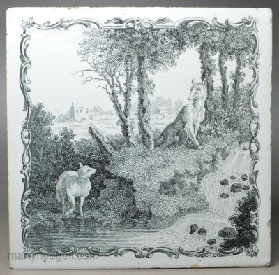 Liverpool delft Aesop’s Fable Sadler printed tile ‘The Wolf and the Lamb’, circa 1770