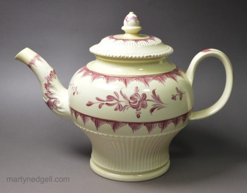 Creamware pottery teapot Painted with enamels over the glaze, circa 1780