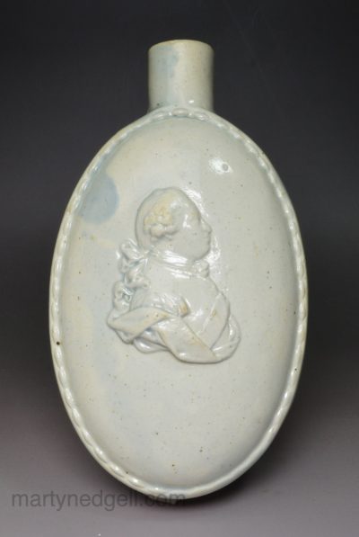 Pearlware pottery flask moulded with King George III, circa 1790